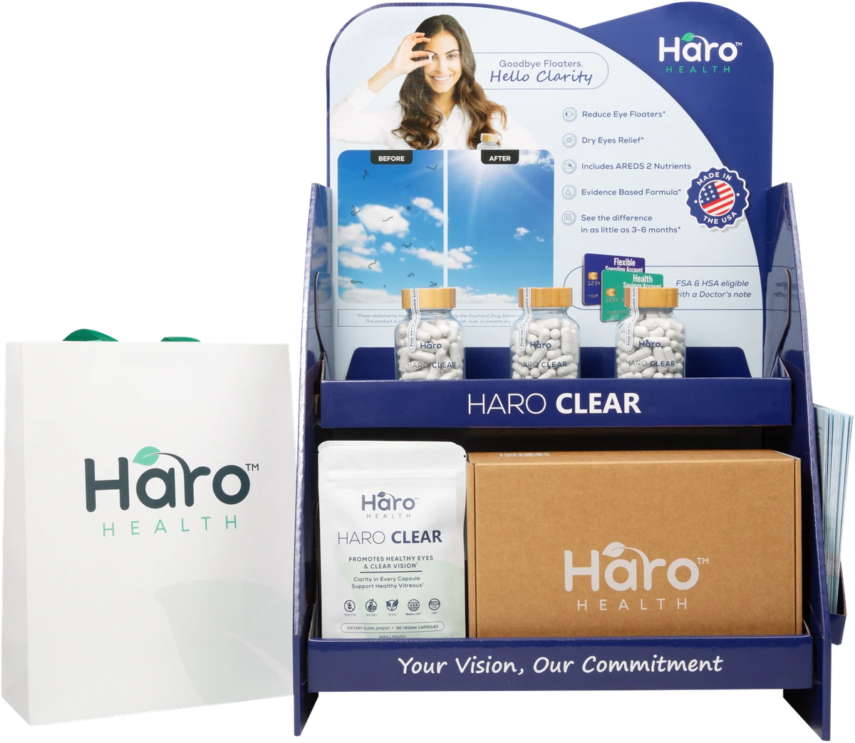 Haro Clear countertop display with bottles, refill pouch, Starter Kit box, and branded retail bag