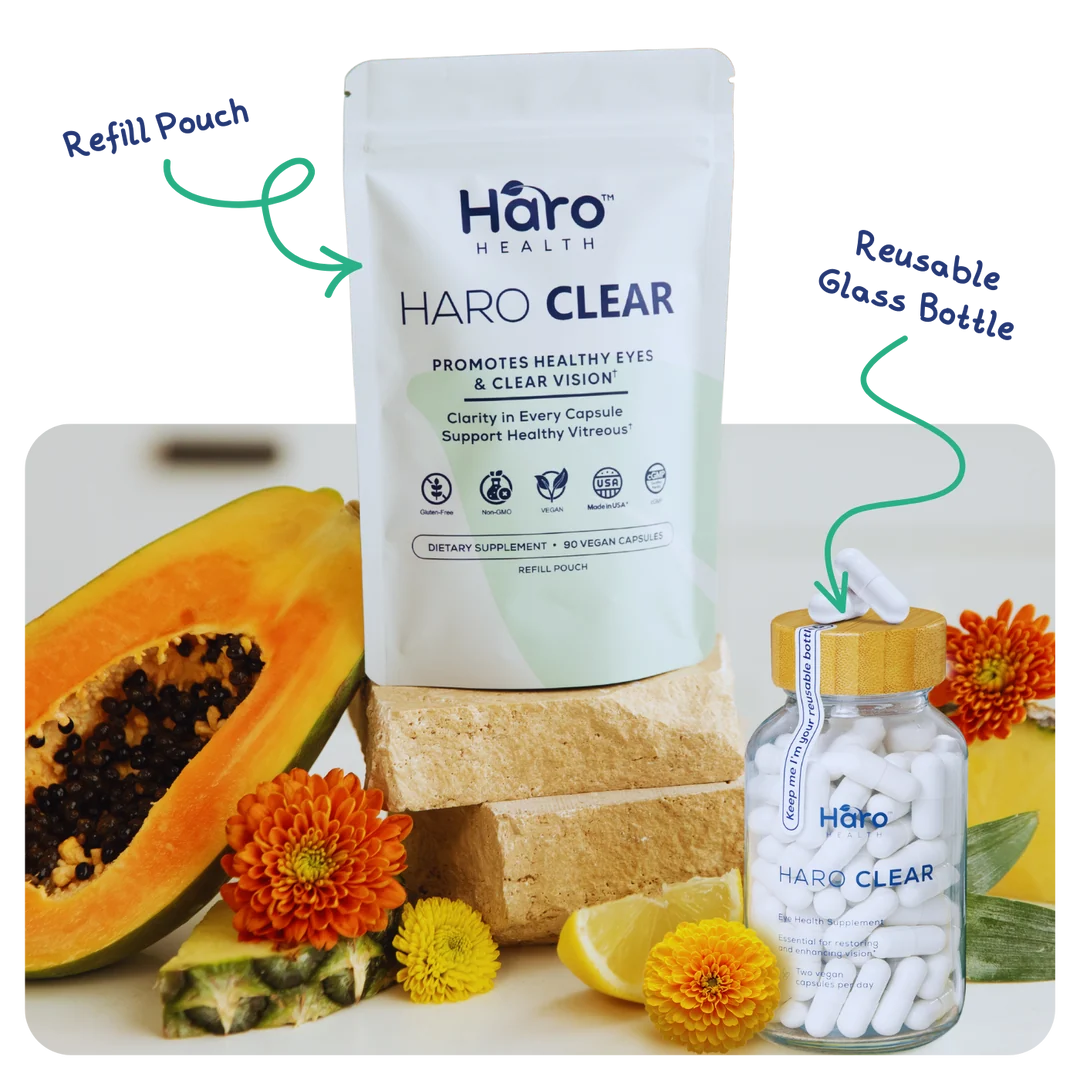 Haro Clear 補充裝及可重用玻璃瓶，配以水果和花卉