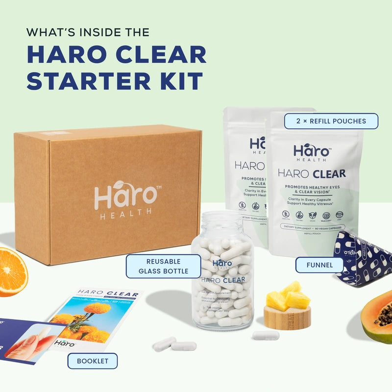 Haro Clear Starter Kit contents with two refill pouches, reusable glass bottle, funnel and booklet