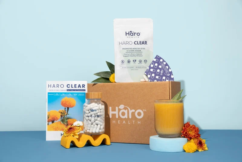 Haro Clear Starter Kit box, glass bottle, refill pouch, funnel, and brochure